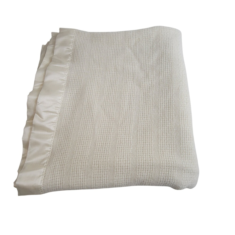 Faribo VTG Wool Blend Waffle Weave Blanket Satin Trim Cream Made in USA 83"x85"